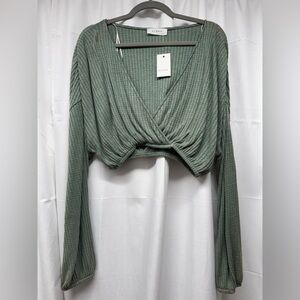 NWT Elodie Green Ribbed Wrap Crop Top Long Sleeve Size Small (Flaw)